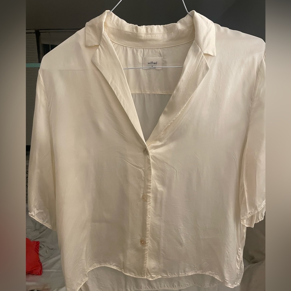 Cream satin button up from aritzia